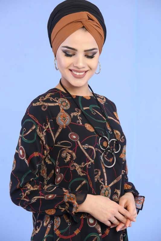Düz Orta Kadın Siyah Desen Tunik Kolye Siyah  - 6862