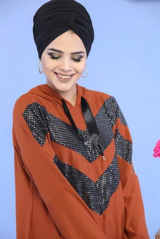 Düz Orta Kadın Kiremit Pul Detay Tunik Siyah  - 6874 KİREMİT