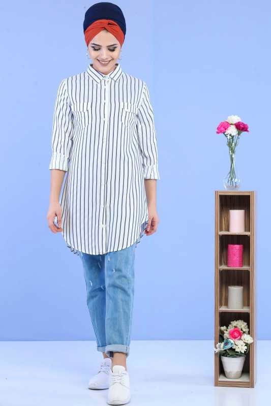 Düz Orta Kadın Lacivert Çizgili Tunik Lacivert - 02 6863 - 6863
