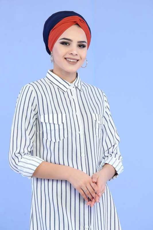 Düz Orta Kadın Lacivert Çizgili Tunik Lacivert - 02 6863 - 6863