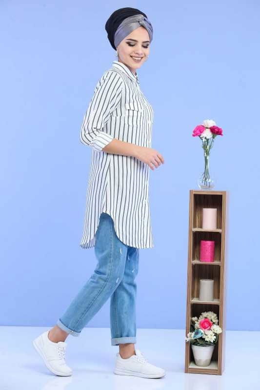Düz Orta Kadın Siyah Çizgili Tunik Siyah - 02 6863 - 6863 SİYAH
