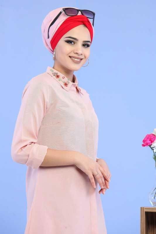 Düz Orta Kadın Pembe Yaka Aksesuarlı Tunik Pudra - 02 6864 - 6864 PEMBE