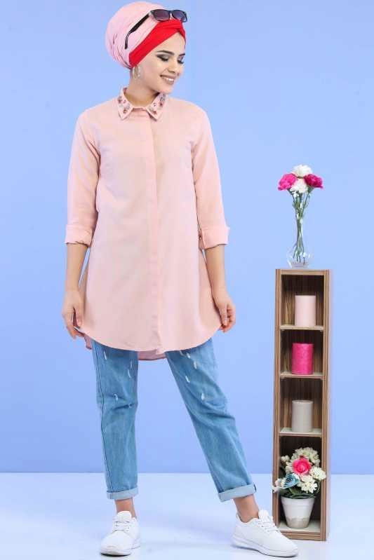 Düz Orta Kadın Pembe Yaka Aksesuarlı Tunik Pudra - 02 6864 - 6864 PEMBE