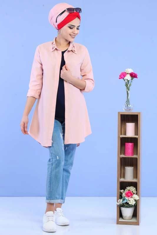 Düz Orta Kadın Pembe Yaka Aksesuarlı Tunik Pudra - 02 6864 - 6864 PEMBE