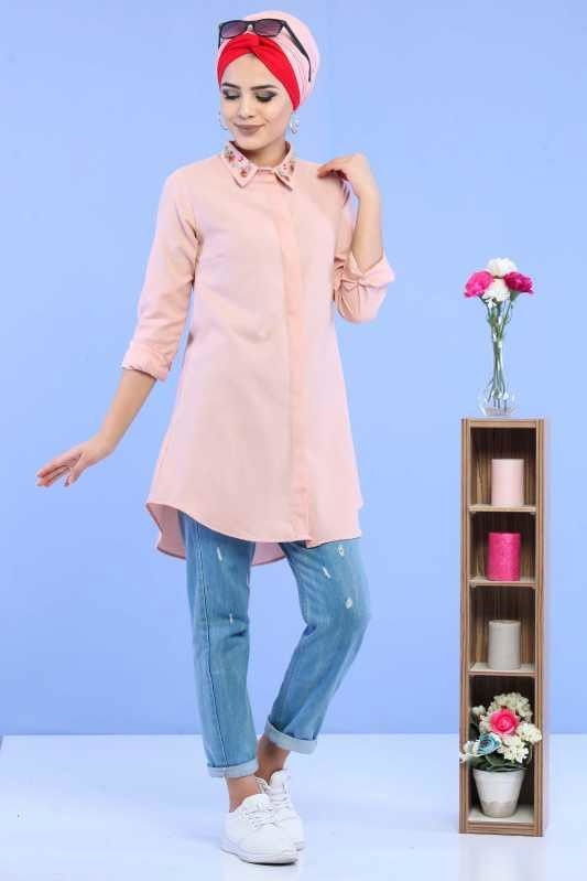 Düz Orta Kadın Pembe Yaka Aksesuarlı Tunik Pudra - 02 6864 - 6864 PEMBE