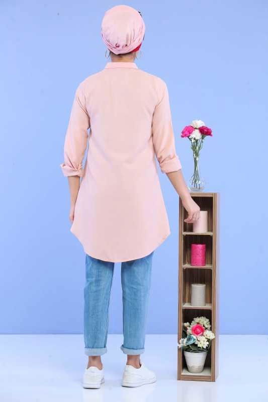 Düz Orta Kadın Pembe Yaka Aksesuarlı Tunik Pudra - 02 6864 - 6864 PEMBE