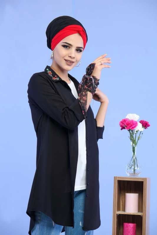 Düz Orta Kadın Siyah Yaka Aksesuarlı Tunik Siyah - 02 6864 - 6864