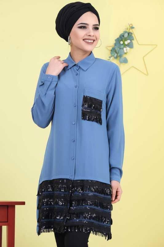 Düz Orta Kadın Mavi Pullu Tunik Saks - 02 6868 - 6868
