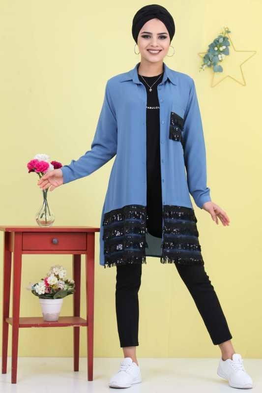 Düz Orta Kadın Mavi Pullu Tunik Saks - 02 6868 - 6868