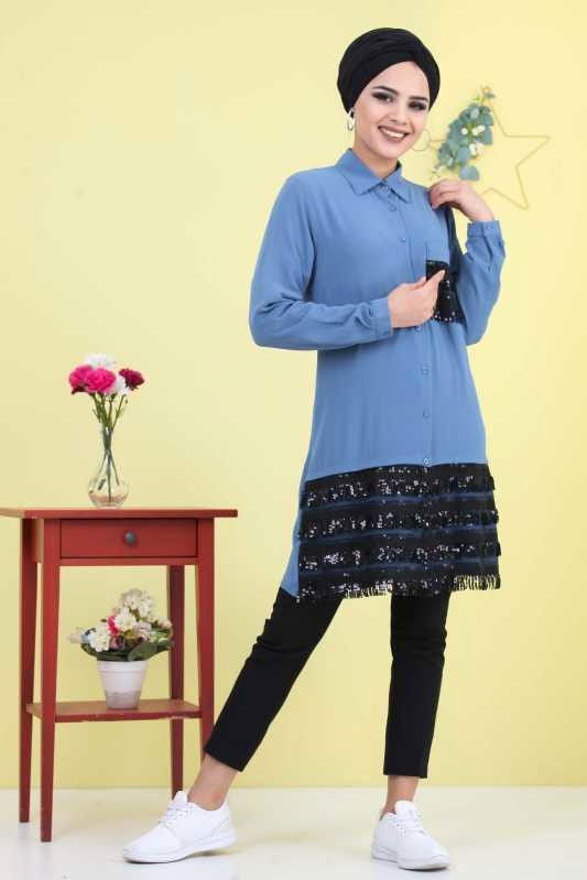 Düz Orta Kadın Mavi Pullu Tunik Saks - 02 6868 - 6868