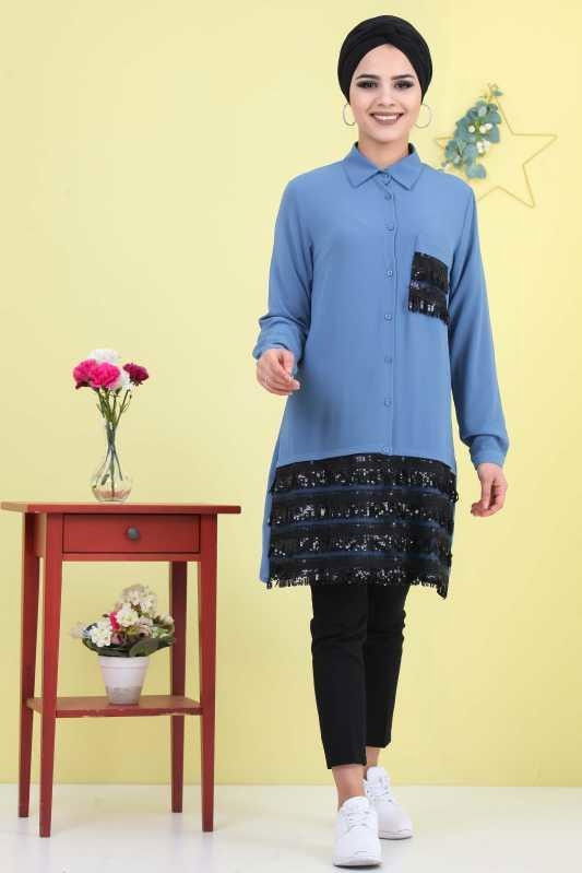 Düz Orta Kadın Mavi Pullu Tunik Saks - 02 6868 - 6868