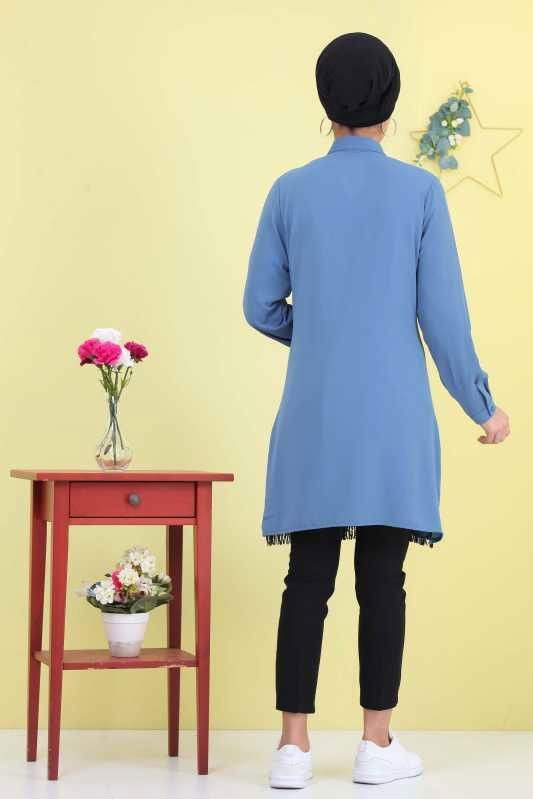 Düz Orta Kadın Mavi Pullu Tunik Saks - 02 6868 - 6868