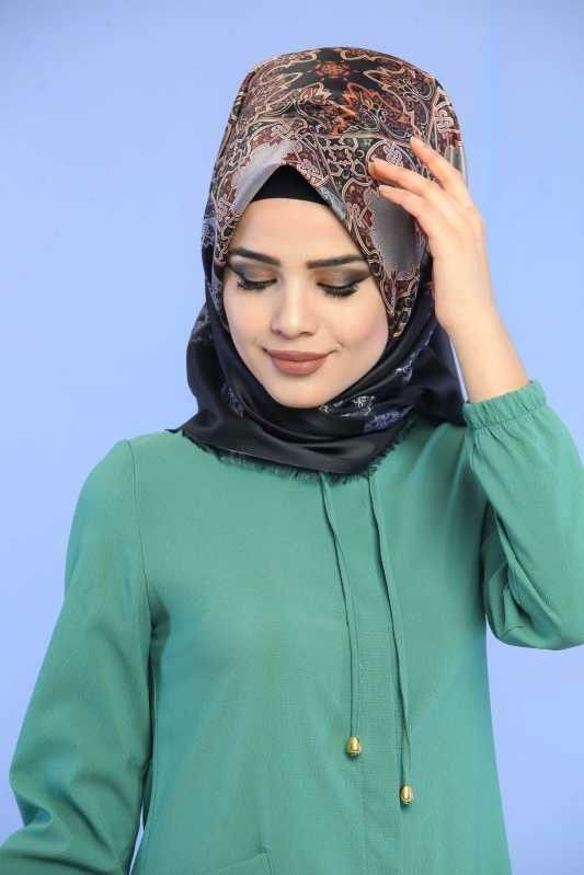 Düz Orta Kadın Yeşil Kapşonlu Tunik Siyah  - 1112