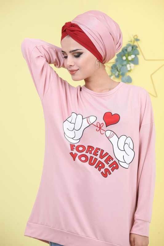 Düz Orta Kadın Pembe Baskılı Tunik Haki 03 5103 - 5103