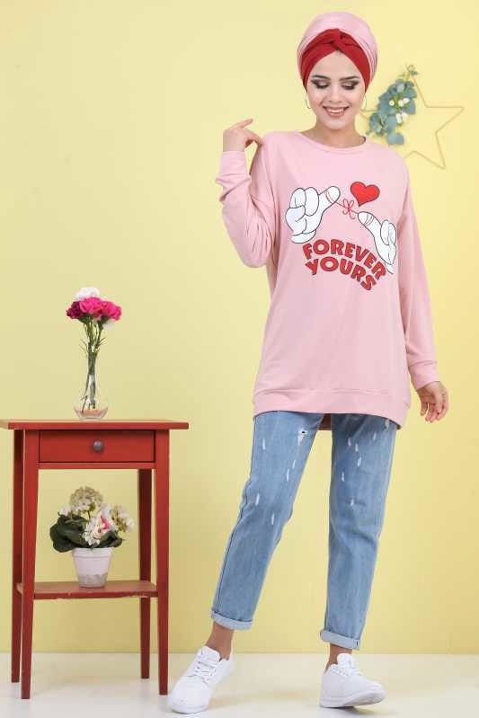 Düz Orta Kadın Pembe Baskılı Tunik Haki 03 5103 - 5103