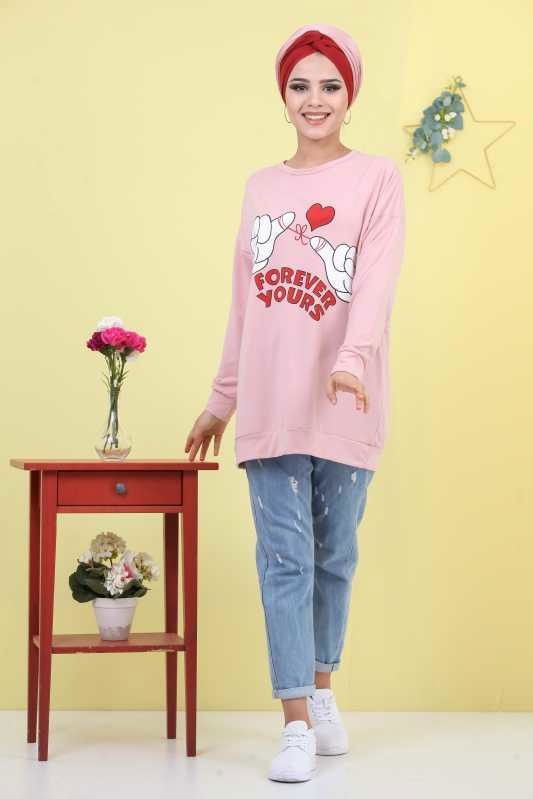 Düz Orta Kadın Pembe Baskılı Tunik Haki 03 5103 - 5103
