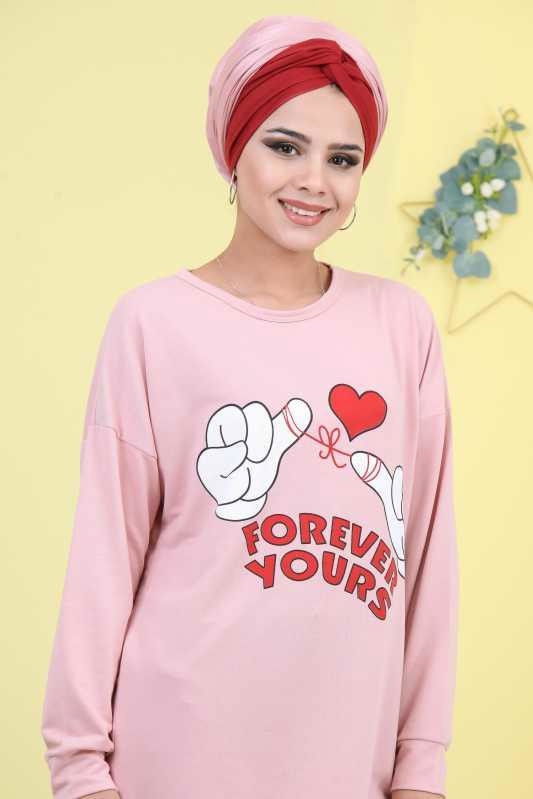 Düz Orta Kadın Pembe Baskılı Tunik Haki 03 5103 - 5103