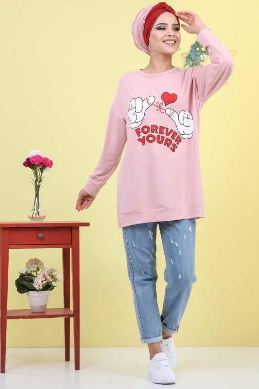 Düz Orta Kadın Pembe Baskılı Tunik Haki 03 5103 - 5103