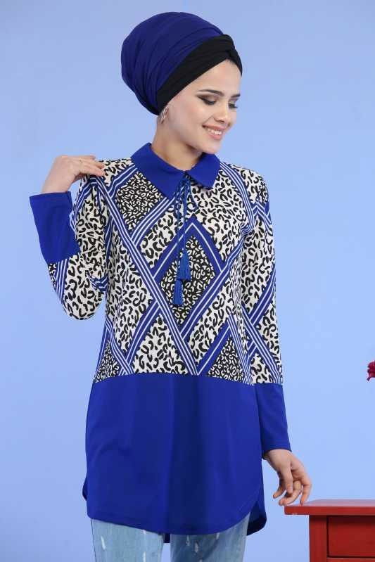 Düz Orta Kadın Mavi Yakalı Tunik Siyah  - 6887