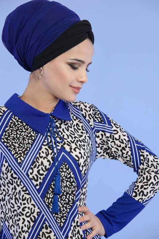 Düz Orta Kadın Mavi Yakalı Tunik Siyah  - 6887