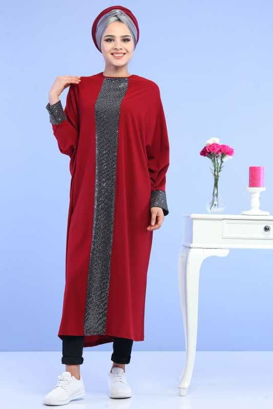 Düz Orta Kadın Bordo Pul Detay Yarasa Tunik Siyah  - 6891