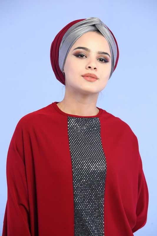 Düz Orta Kadın Bordo Pul Detay Yarasa Tunik Siyah  - 6891