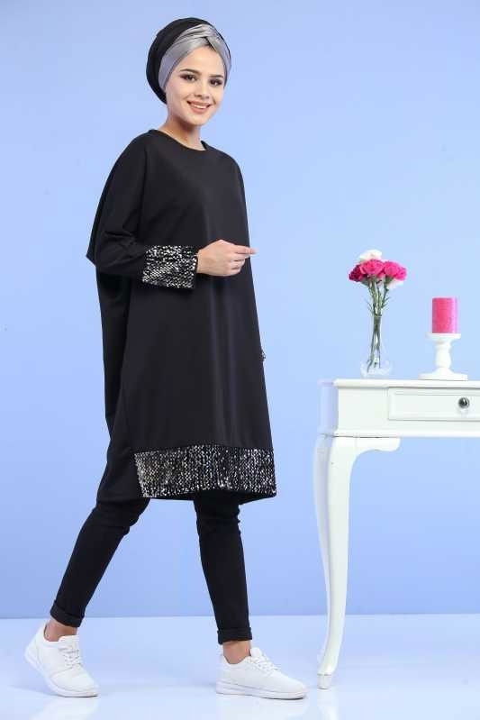 Düz Orta Kadın Siyah Pullu Tunik Siyah  - 6894