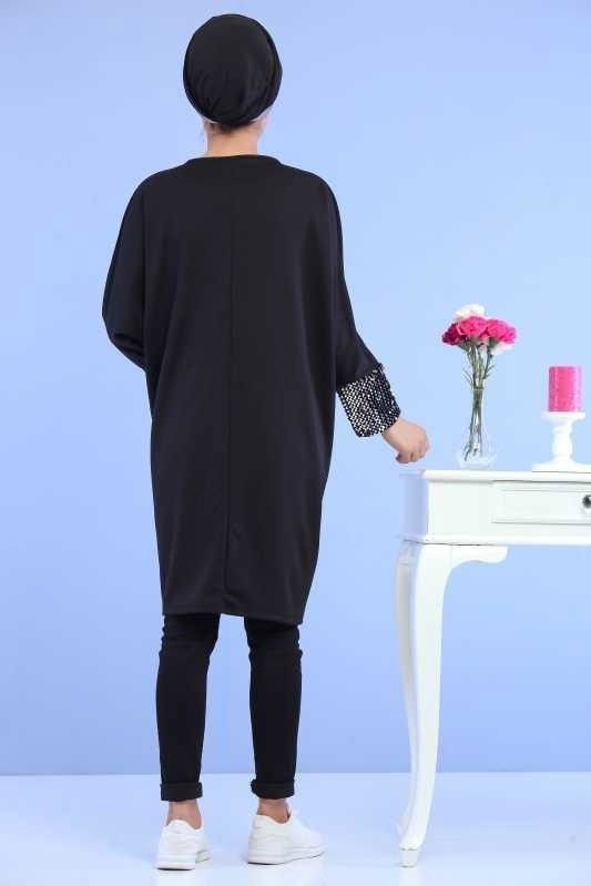 Düz Orta Kadın Siyah Pullu Tunik Siyah  - 6894