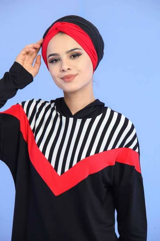 Düz Orta Kadın Siyah Üst Cizgili Tunik Siyah  - 6900