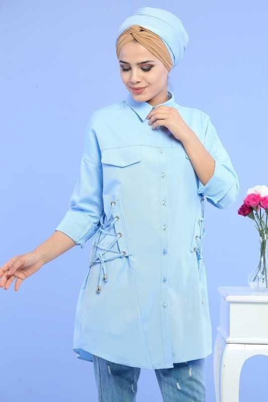 Düz Orta Kadın Mavi Kuş Gözlü Tunik Haki  - 6898 MAVİ