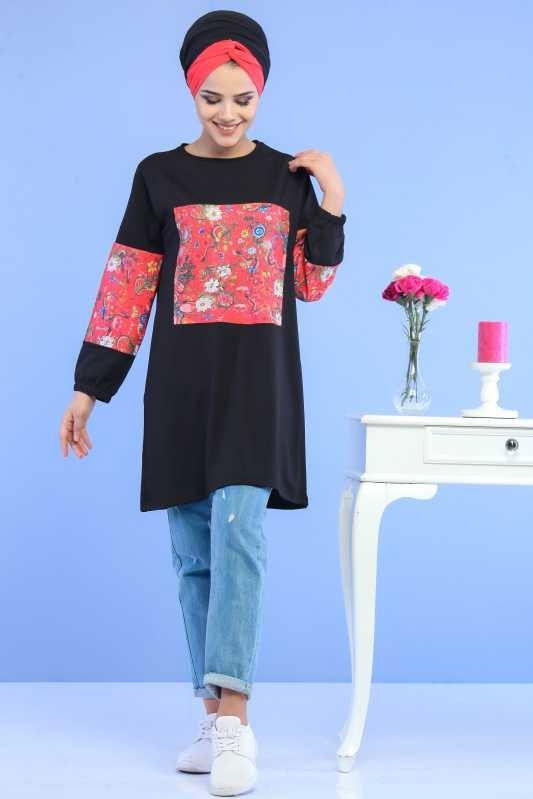 Düz Orta Kadın Siyah Çiçek Desen Tunik Siyah  - 6901