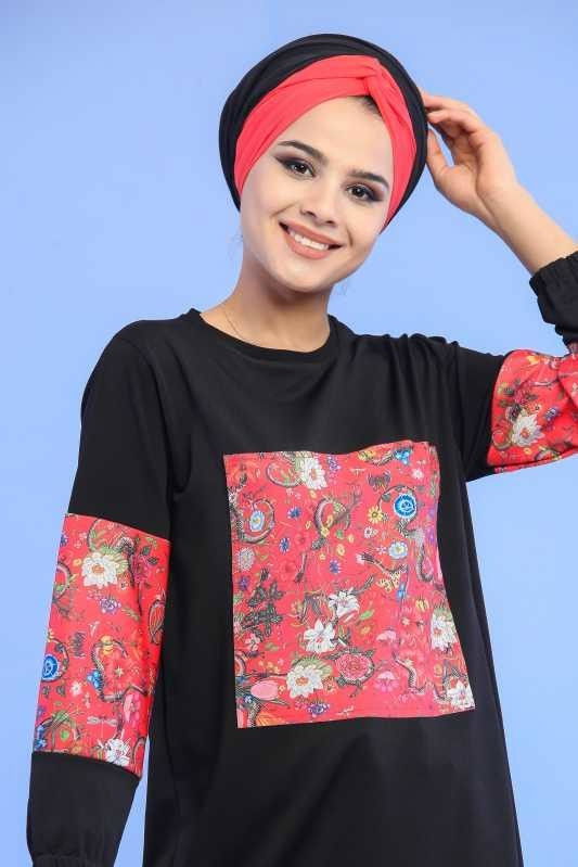 Düz Orta Kadın Siyah Çiçek Desen Tunik Siyah  - 6901