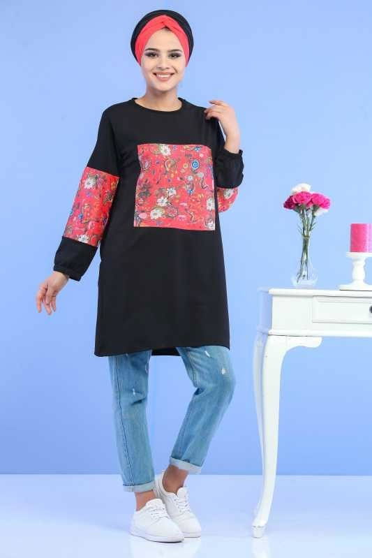Düz Orta Kadın Siyah Çiçek Desen Tunik Siyah  - 6901