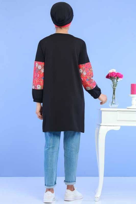 Düz Orta Kadın Siyah Çiçek Desen Tunik Siyah  - 6901