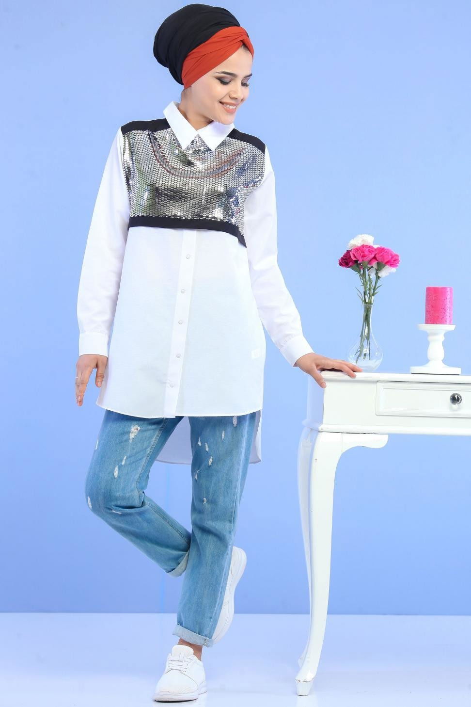 Düz Orta Kadın Beyaz Pullu Tunik Beyaz  - 6902