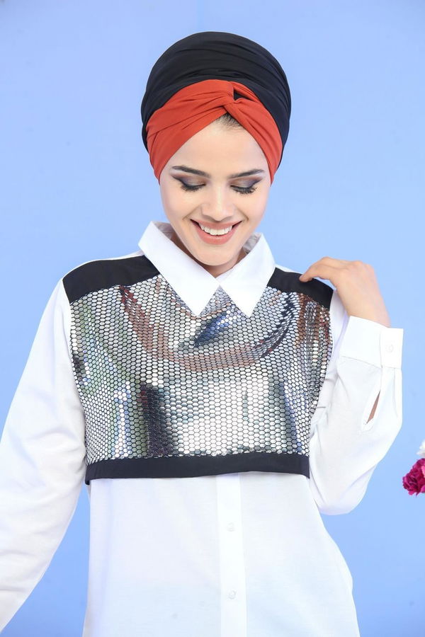 Düz Orta Kadın Beyaz Pullu Tunik Beyaz  - 6902
