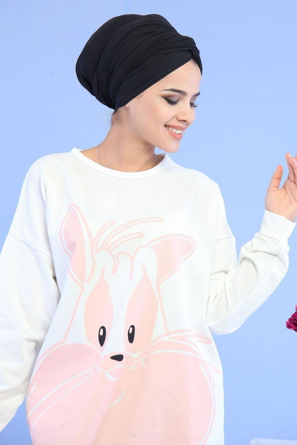 Düz Orta Kadın Beyaz Desen Tunik Mavi  - 6673 BEYAZ