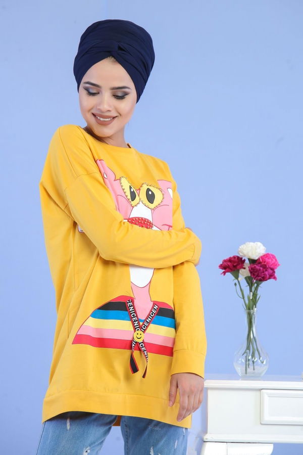 Düz Orta Kadın Sarı Baskılı Boncuklu Tunik Siyah  - 6605 Sarı