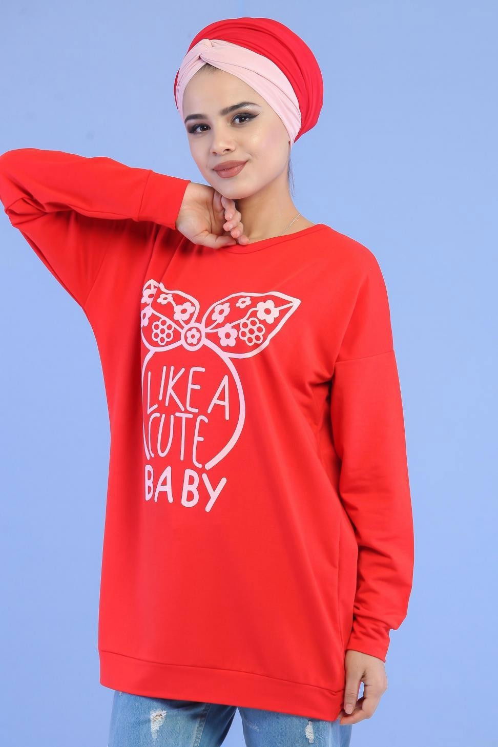 Düz Orta Kadın Kırmızı Baskılı Tunik Haki  - 5107