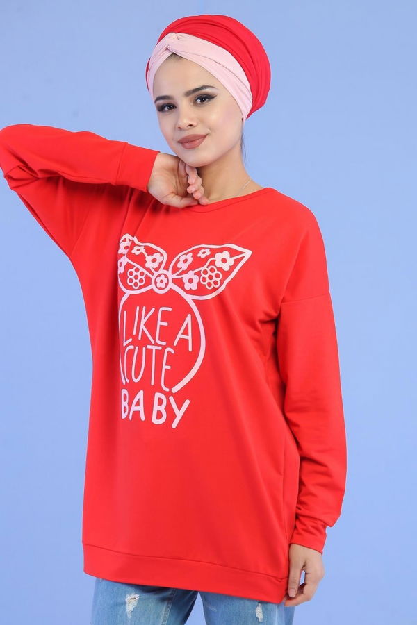 Düz Orta Kadın Kırmızı Baskılı Tunik Haki  - 5107