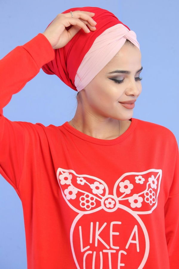 Düz Orta Kadın Kırmızı Baskılı Tunik Haki  - 5107