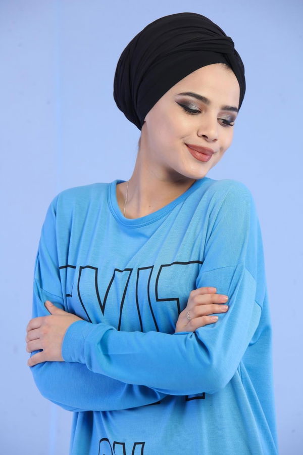 Düz Orta Kadın Mavi Baskılı Tunik Siyah  - 5108 MAVİ