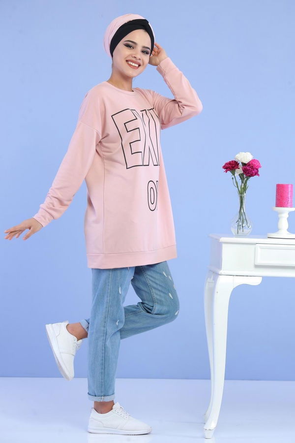 Düz Orta Kadın Pembe Baskılı Tunik Siyah  - 5108 PEMBE