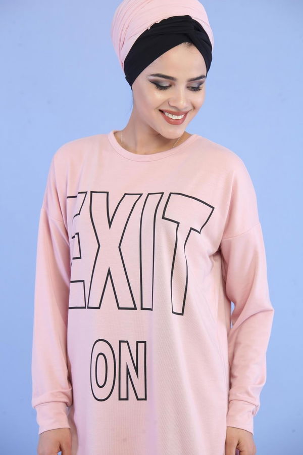 Düz Orta Kadın Pembe Baskılı Tunik Siyah  - 5108 PEMBE