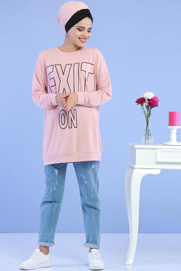 Düz Orta Kadın Pembe Baskılı Tunik Siyah  - 5108 PEMBE