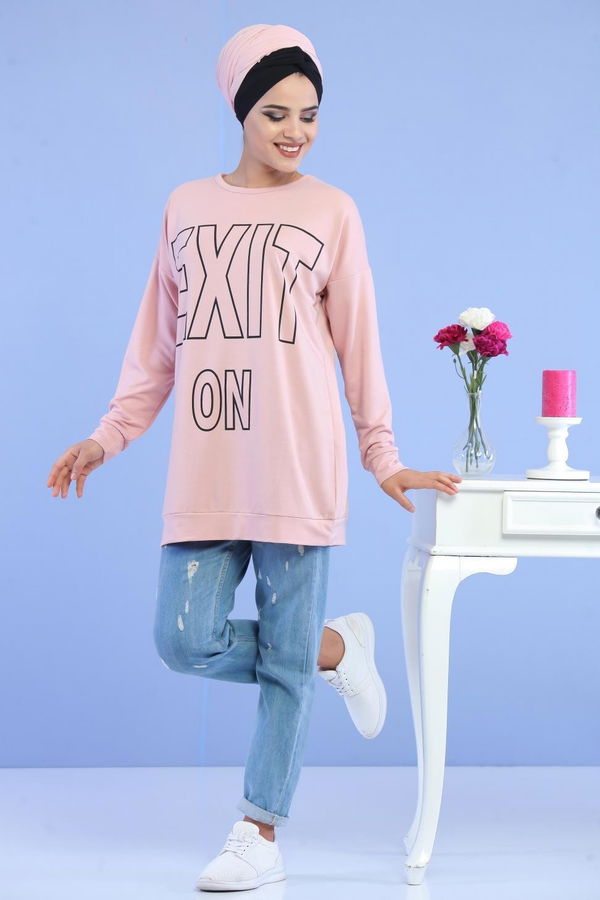 Düz Orta Kadın Pembe Baskılı Tunik Siyah  - 5108 PEMBE
