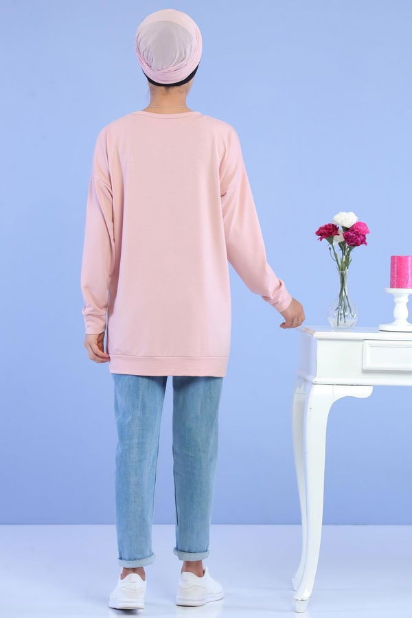 Düz Orta Kadın Pembe Baskılı Tunik Siyah  - 5108 PEMBE