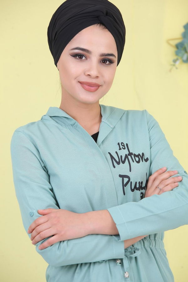 Düz Orta Kadın Yeşil Kapşonlu Tunik Siyah  - 6921
