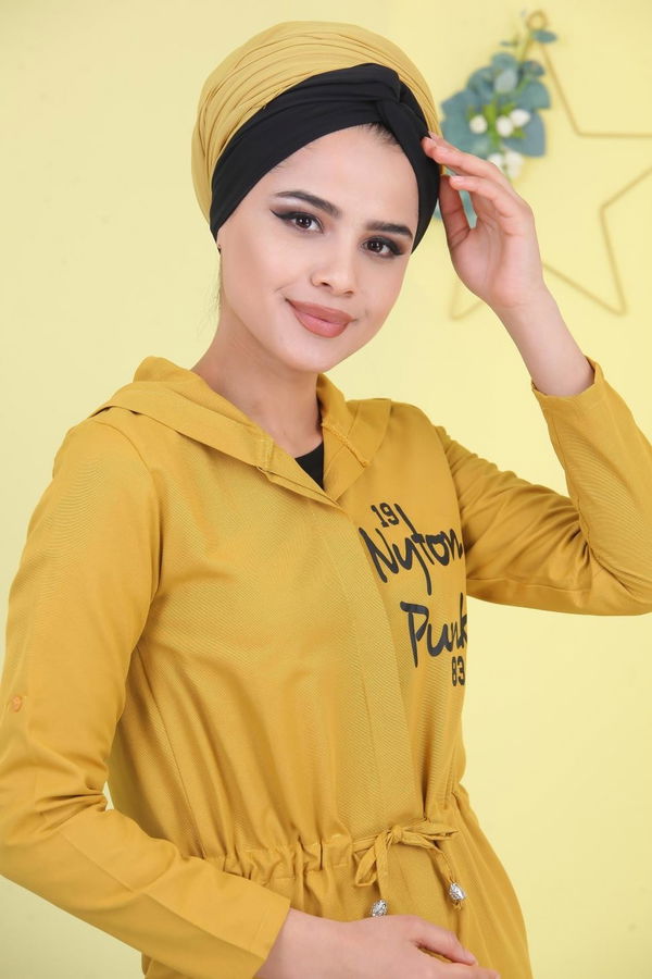 Düz Orta Kadın Sarı Kapşonlu Tunik Siyah  - 6921 Sarı