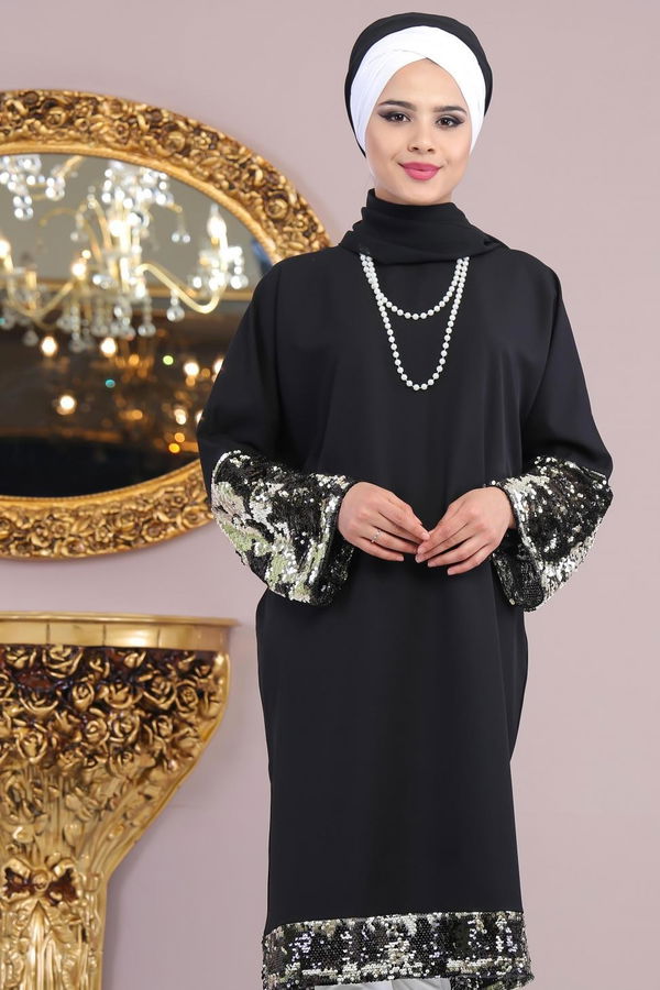 Düz Orta Kadın Siyah Pullu Tunik Siyah - 02 6924 - 6924 SİYAH